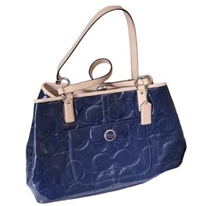 Coach F25487 Gallery Tote Patent Leather Navy Beige Trim Shoulder Bag Excellent